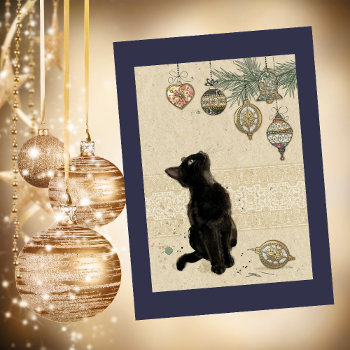 Vintage Christmas Black Cat Looking At Ornaments Holiday Card by ShepherdsGifts at Zazzle