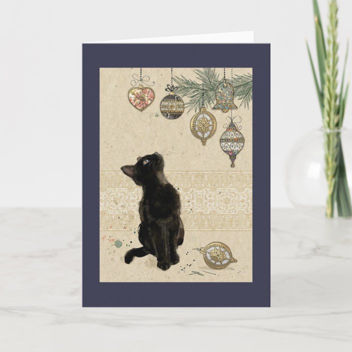 Vintage Christmas Black Cat Looking At Ornaments Holiday Card