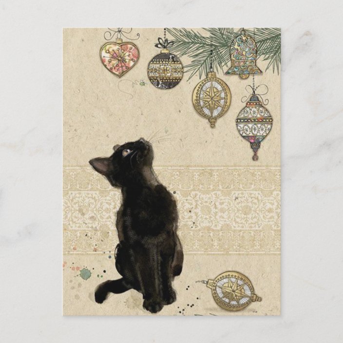Vintage Christmas Black Cat Looking At Ornaments Holiday Postcard