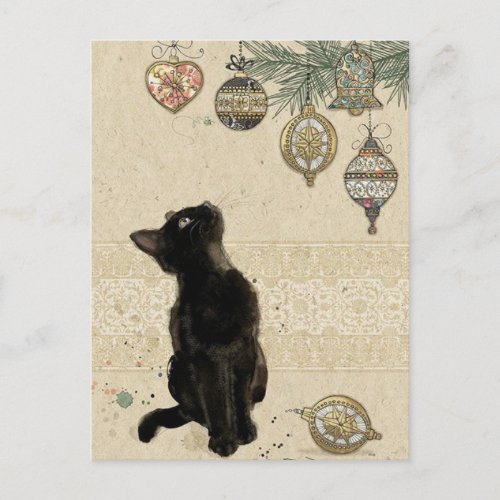Vintage Christmas Black Cat Looking At Ornaments Holiday Postcard