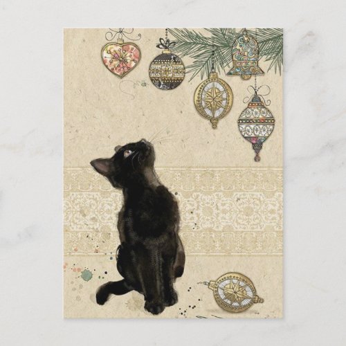 Vintage Christmas Black Cat Looking At Ornaments Postcard