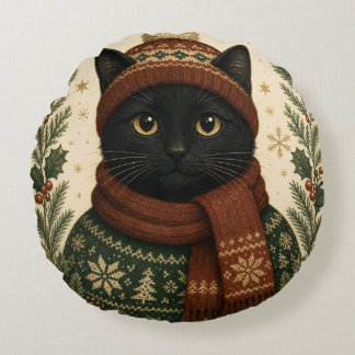 Vintage Christmas black cat  Round Pillow