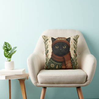 Vintage Christmas black cat  Throw Pillow
