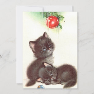 Vintage Christmas Black Cats Under Tree Holiday Card