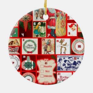 Vintage Christmas Block Advent Calendar Grid Art Ceramic Ornament
