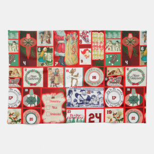 Vintage Christmas Block Advent Calendar Grid Art Kitchen Towel