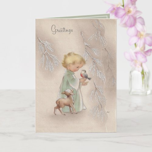 Vintage Christmas Blonde Baby Bird Lamb Card