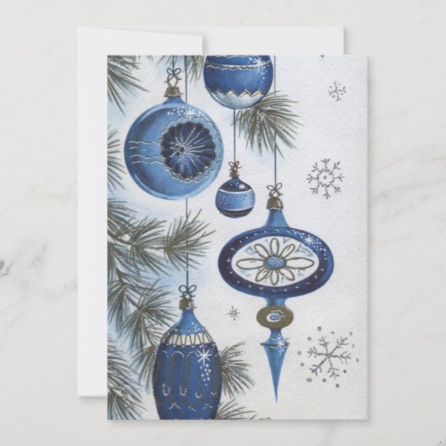 Vintage Christmas Blue Ornaments Holiday Card (Front)