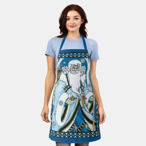 Vintage Christmas Blue Santa Claus with Snowglobe Apron