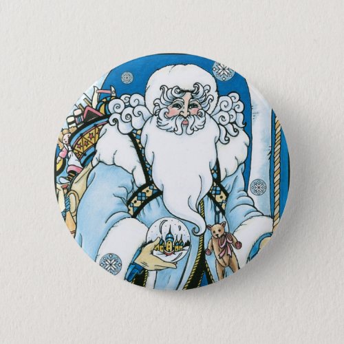 Vintage Christmas Blue Santa Claus with Snowglobe Button