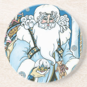 Vintage Christmas, Blue Santa Claus with Snowglobe Coaster