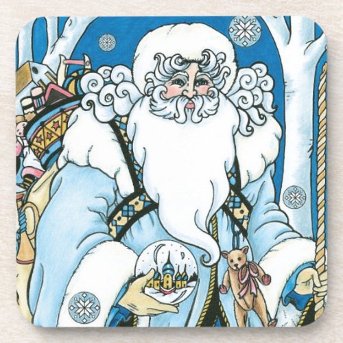 Vintage Christmas Blue Santa Claus with Snowglobe Drink Coaster