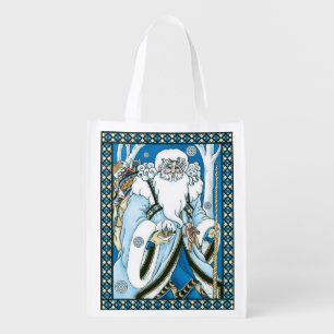 Vintage Christmas, Blue Santa Claus with Snowglobe Grocery Bag