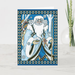 Vintage Christmas, Blue Santa Claus with Snowglobe Holiday Card