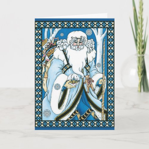 Vintage Christmas Blue Santa Claus with Snowglobe Holiday Card