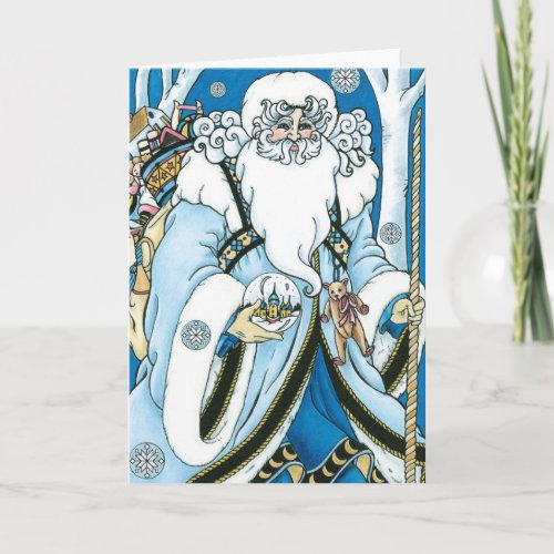 Vintage Christmas Blue Santa Claus with Snowglobe Holiday Card