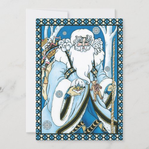 Vintage Christmas Blue Santa Claus with Snowglobe Holiday Card