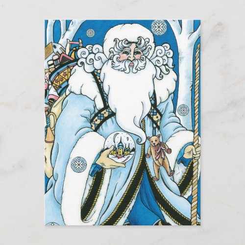Vintage Christmas Blue Santa Claus with Snowglobe Holiday Postcard