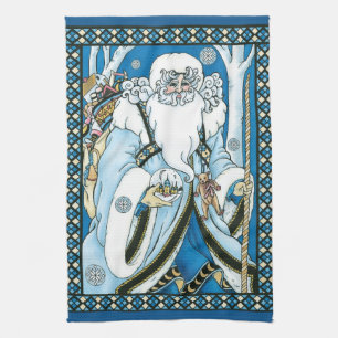 Vintage Christmas, Blue Santa Claus with Snowglobe Kitchen Towel