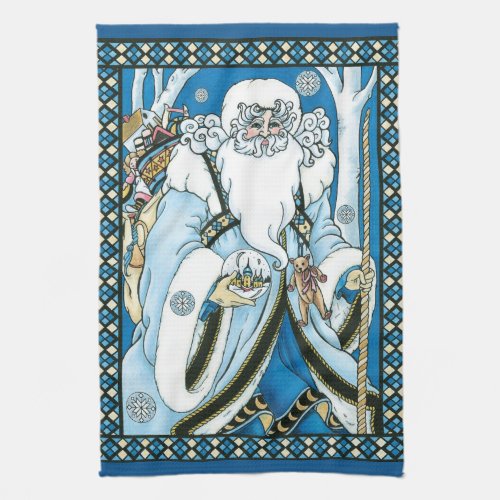 Vintage Christmas Blue Santa Claus with Snowglobe Kitchen Towel