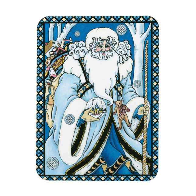Vintage Christmas, Blue Santa Claus with Snowglobe Magnet (Vertical)
