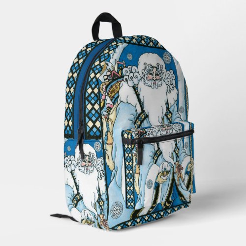 Vintage Christmas Blue Santa Claus with Snowglobe Printed Backpack
