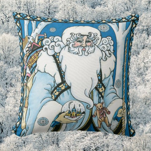 Vintage Christmas Blue Santa Claus with Snowglobe Throw Pillow