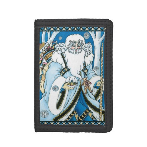 Vintage Christmas Blue Santa Claus with Snowglobe Trifold Wallet