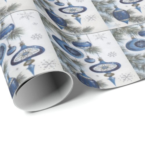 Vintage Christmas Blue  Silver Ornaments Wrapping Paper