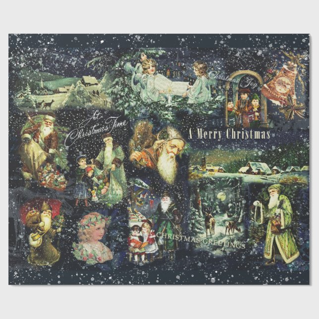 Vintage Christmas Blue Snowy Night Wrapping Paper (Flat)