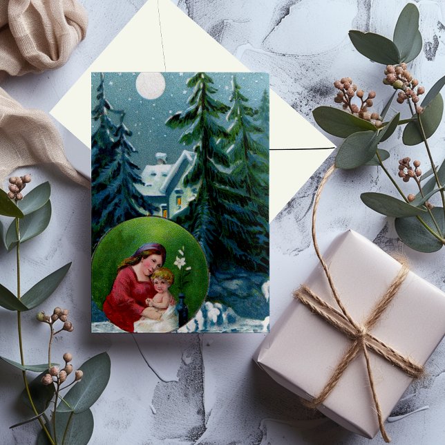 Vintage Christmas Blue Winter Scene Mother & Child Holiday Card (Vintage Christmas Blue Winter Scene Mother & Child Holiday Card)
