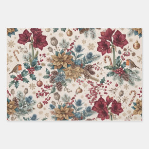 Vintage Christmas Botanical Pattern with Text Wrapping Paper Sheets