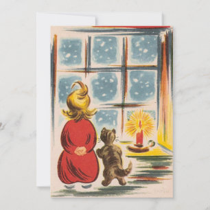 Vintage Christmas Boy and Cat Looking Out Window Holiday Card