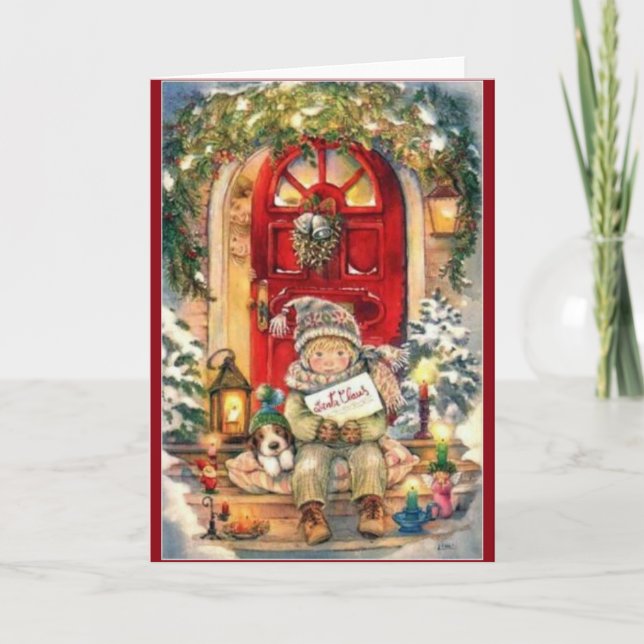 Vintage Christmas Boy and Dog Holiday Card (Front)