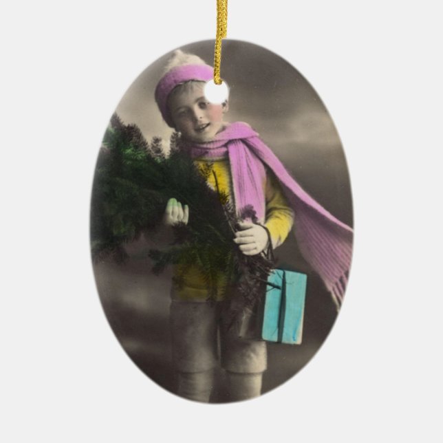 Vintage Christmas Boy Ceramic Ornament (Front)