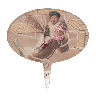 Vintage Christmas Boy Flying Airship Fantasy Cake Topper