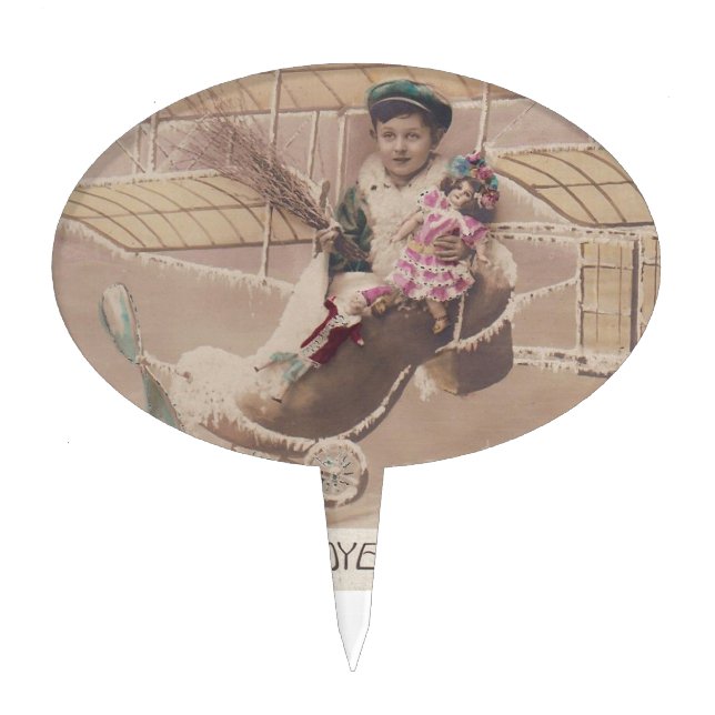 Vintage Christmas Boy Flying Airship Fantasy Cake Topper (Front)