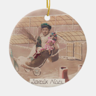Vintage Christmas Boy Flying Airship Fantasy Ceram Ceramic Ornament