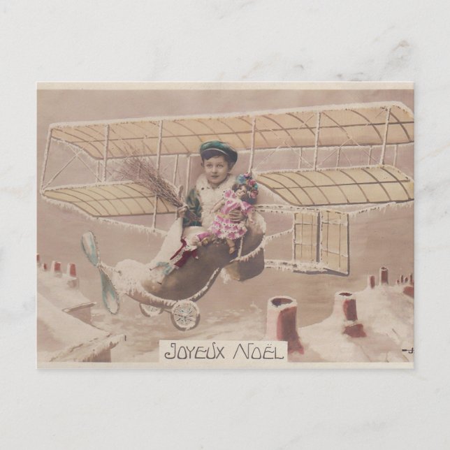 Vintage Christmas Boy Flying Airship Fantasy Holiday Postcard (Front)