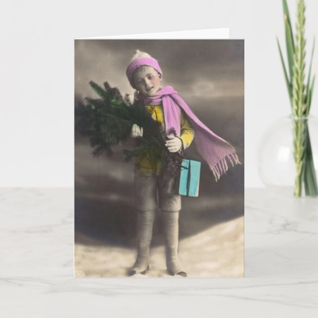 Vintage Christmas Boy Holiday Card (Front)