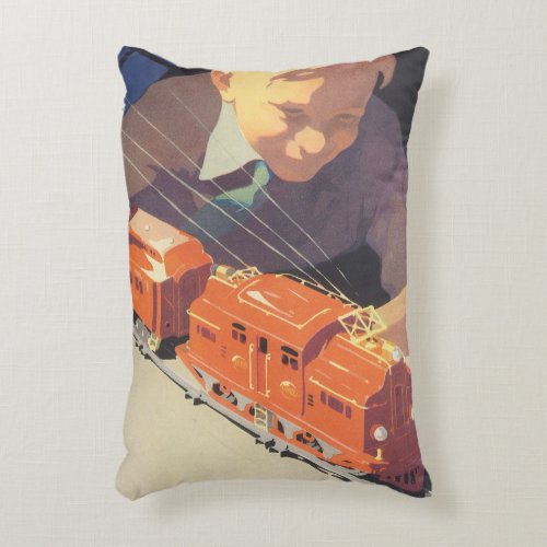 Vintage Christmas Boy Playing with Toys Trains Accent Pillow