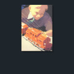 Vintage Christmas, Boy Playing with Toys Trains Canvas Print<br><div class="desc">Vintage illustration Art Deco Merry Christmas holiday design featuring a happy young child playing with his new toy train set on Christmas morning. Season's Greetings!</div>