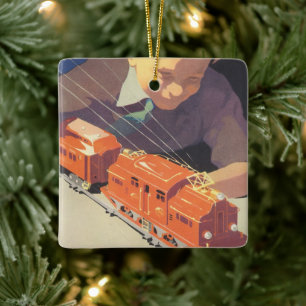 Vintage Christmas, Boy Playing with Toys Trains Ceramic Ornament