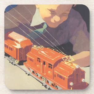 Vintage Christmas, Boy Playing with Toys Trains Coaster