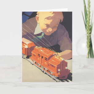 Vintage Christmas, Boy Playing with Toys Trains Holiday Card