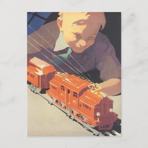 Vintage Christmas Boy Playing with Toys Trains Holiday Postcard