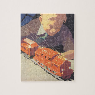 Vintage Christmas, Boy Playing with Toys Trains Jigsaw Puzzle
