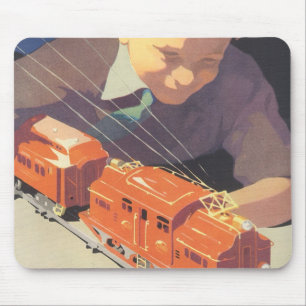 Vintage Christmas, Boy Playing with Toys Trains Mouse Pad