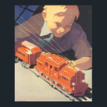 Vintage Christmas, Boy Playing with Toys Trains Poster<br><div class="desc">Vintage illustration Art Deco Merry Christmas holiday design featuring a happy young child playing with his new toy train set on Christmas morning. Season's Greetings!</div>