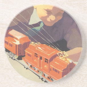 Vintage Christmas, Boy Playing with Toys Trains Sandstone Coaster